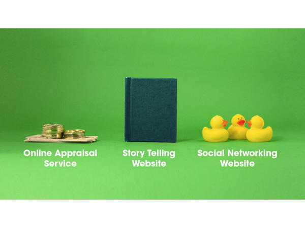 Online appraisal service illustrated by money and coins. Storytelling is illustrated by a notebook. the social network illustrated by three yellow toy ducks
