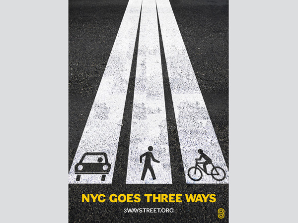 NYC goes three ways poster with a pedestrian, a bicycle, and a car, each on a white stripe