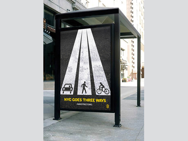 3-way street posters installed on a bus station metal structure