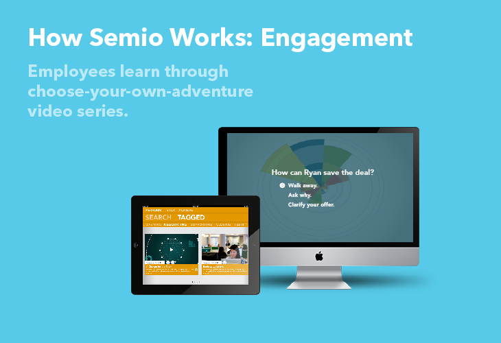 how semio works: engagement. Employees learn through choose-your-own-adventure video series