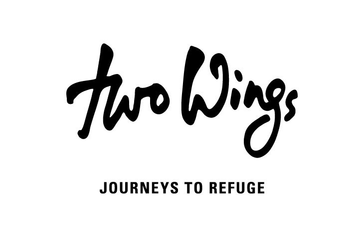 two wings logo written with a rounded and funky font-face, and the slogan under it is Journeys to Refuge