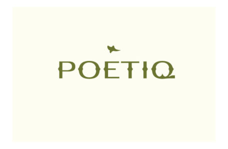 poetic logo in dark green with a small bird above the letter E, on a light yellow background
