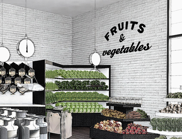 store interior with the fruits and vegetable corner, black shelves, and white bricks wall