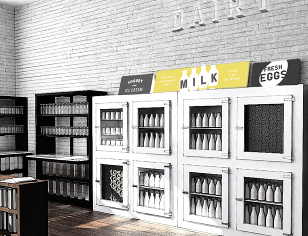 store interior with white cabinets, black shelves, and white bricks wall
