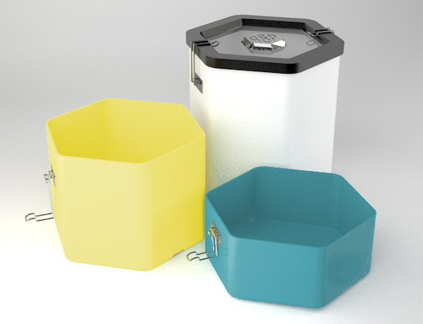 colored plastic containers, two without  the lid, and one with the lid which has the q&p logo on it