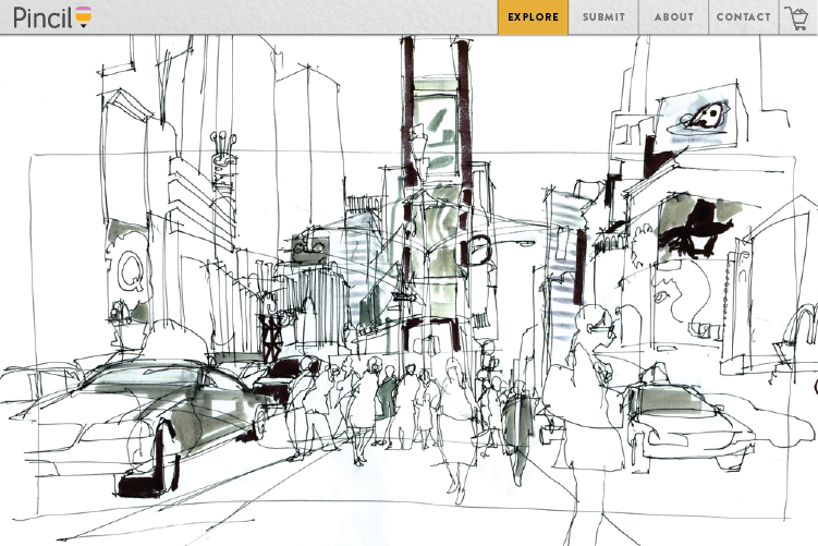 pincil website screenshot with a pencil drawing of a city with cars and buildings