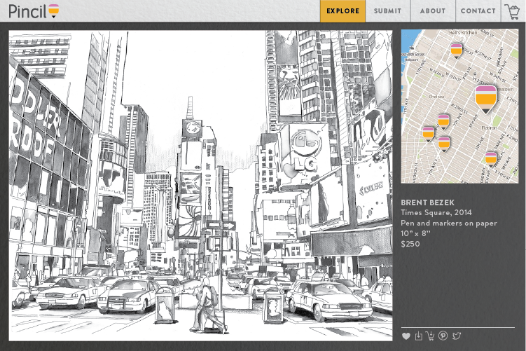 pincil website screenshot of a page with a small map and a lovely pencil drawing of a city on the rest 2/3 of the page
