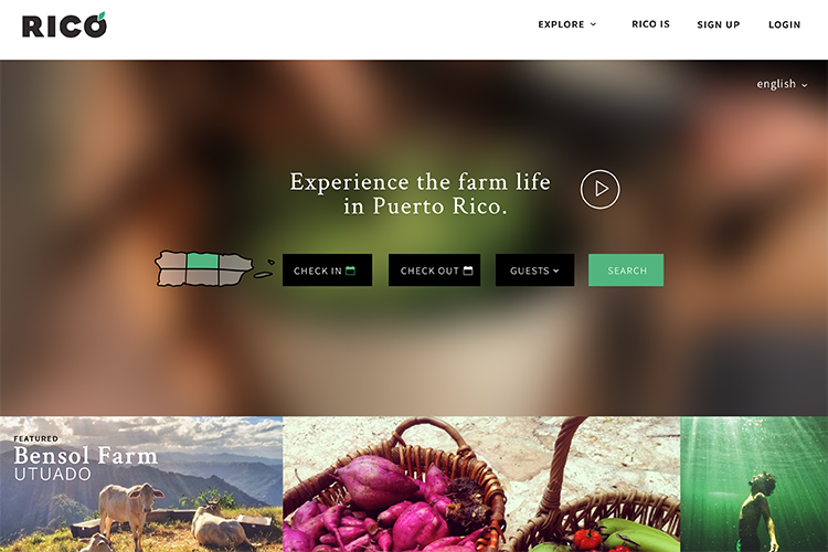 rico website screenshot with a large banner with the heading: Experience the farm life in Puerto Rico