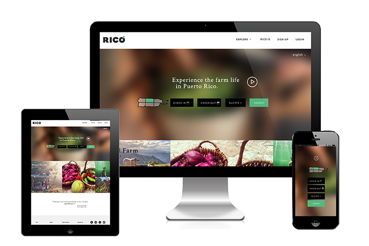 rico website is seen on three different media screens: iPad, iPhone, and iMac