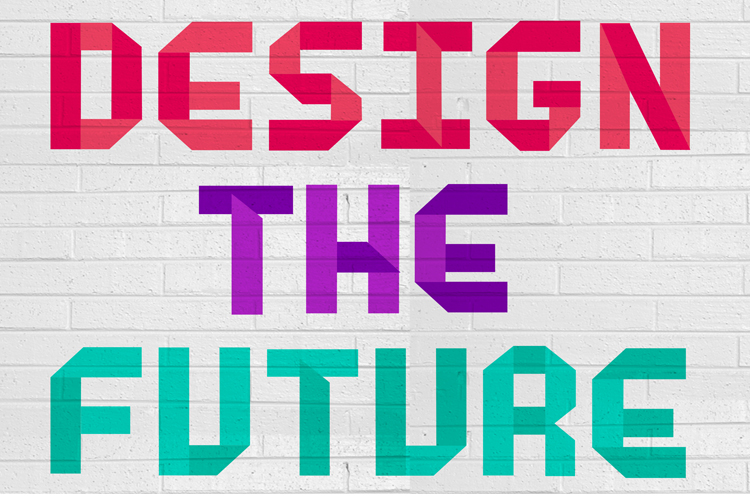 design the future typographic design in red, purple, and green on a white bricks wall