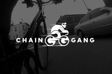 chain gang logo over an image of a person riding a bike