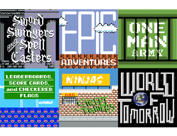 collage of six images with pixel art and pixelated typeface