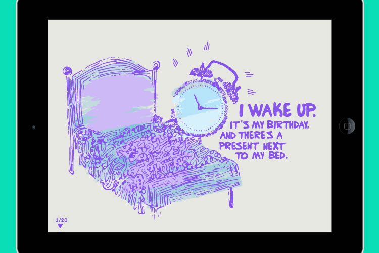 An app screen with two purple illustrations of a bed and a clock and the message: i wake up. it's my birthday, and there's a present next to my bed
