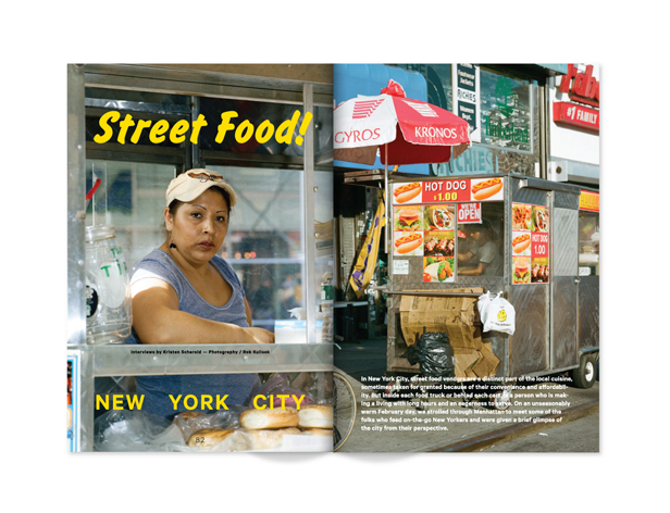 two pages of the day job magazine with a woman selling street food