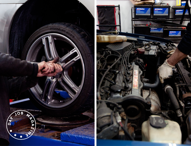 collage of two images with a man working on a wheel on the left and a man working on an engine on the right