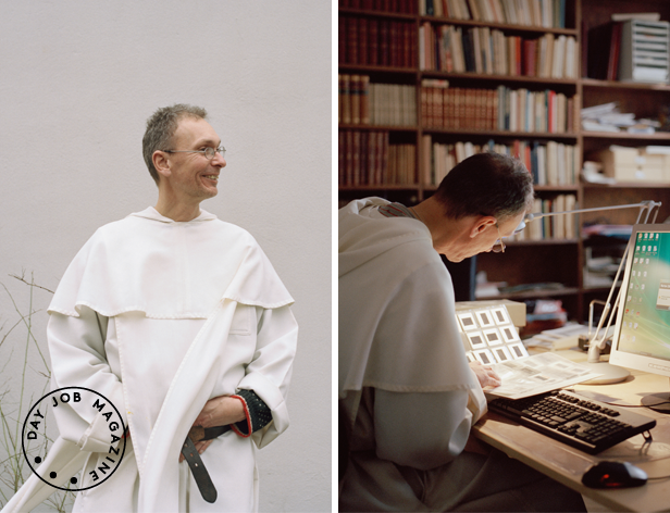collage of two images with a portrait of a priest on the left and the priest working at a computer and a book on the right