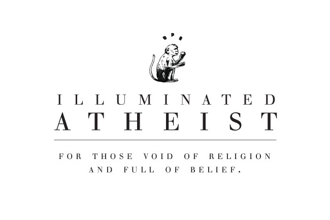illuminated atheist logo with a small monkey