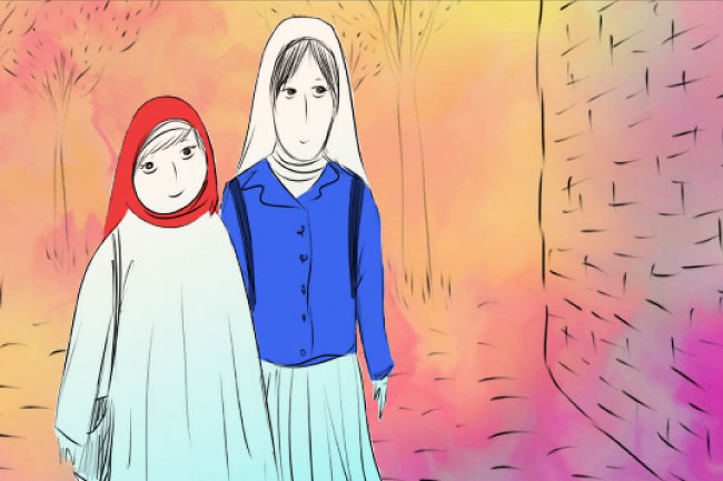 illustration of two girls drawn only with outline, and one coat is colored in blue, and one scarf is colored in red, and the environment around them is painted in purple and yellow