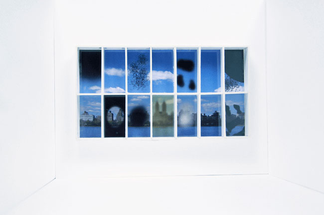 grid of fourteen images with the blue color being common throughout all images, like sky or water