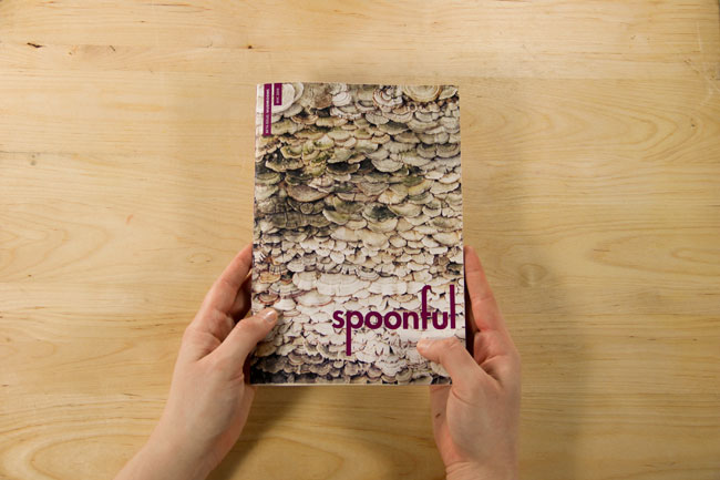 the spoonful book held by two hands above a table top with lots of mushrooms on the cover