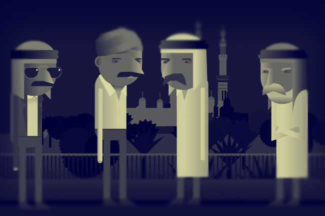 dark color illustration of four arabic men