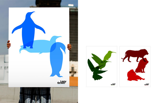 Lazy green posters with blue, green and red animal shapes