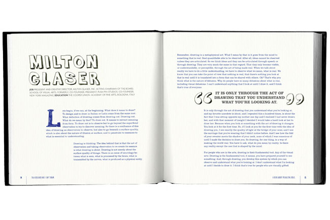 a book opened on the Milton Glaser artist, and both sides left and right, contain only descriptive text and a quote