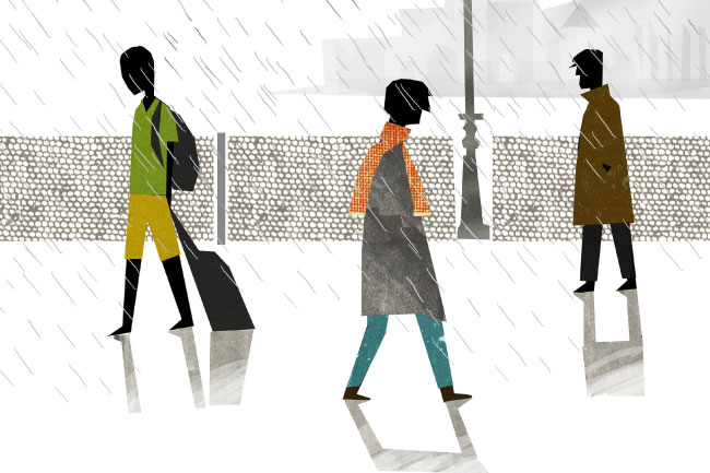 illustration of people walking on the sidewalk in the rain