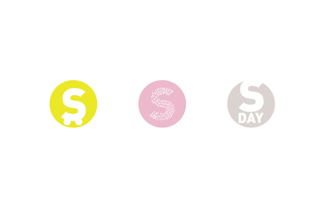 S logo variations, white S in yellow circle, S dotted S shape in pink circle, and S DAY in a grey circle