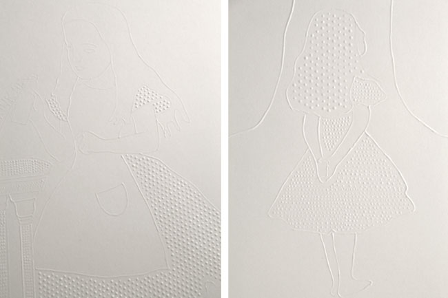 a back view of a sitting girl silhouette created with embossed shapes on a white wall. a front view of a girl with a bottle in her hand made of embossed shapes on a white wall