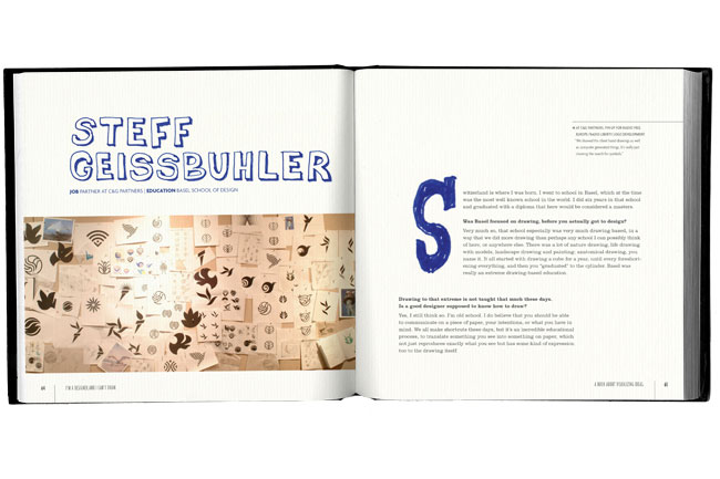 an open book on Steff Geissbuhler's work, and the right side is a descriptive text