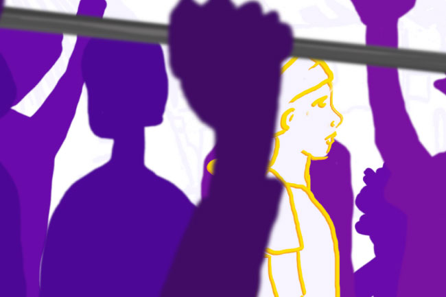 a yellow contour side portrait of a woman in a crowd of people colored in solid purple