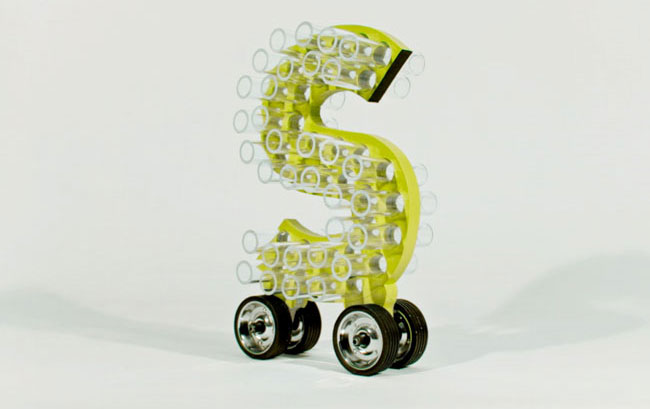the green S shape with transparent tubes inserted in it, and it is on wheels