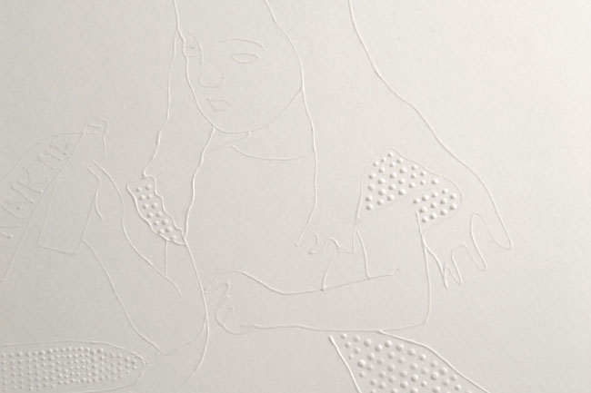 a front view of a girl with a bottle in her hand made of embossed shapes on a white wall
