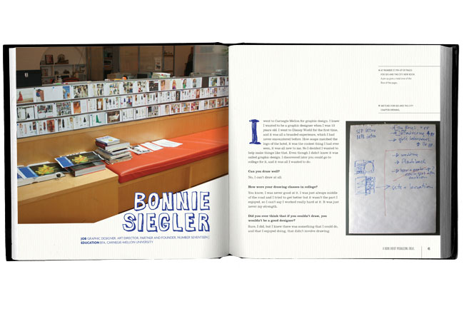 Open book with an image with many books on the shelf by Bonnie Siegler and on the right side descriptive text