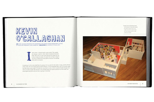 open book with descriptive text about Kevin O'Callaghan on the left side and a picture of a miniature house on the right side of the book