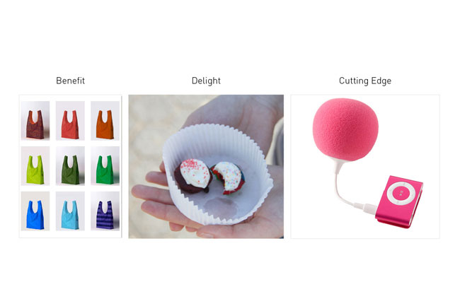 screenshot of a three-image grid, one with nine color handbags, one with a cupcake paper, and one with a pink iPod shuffle