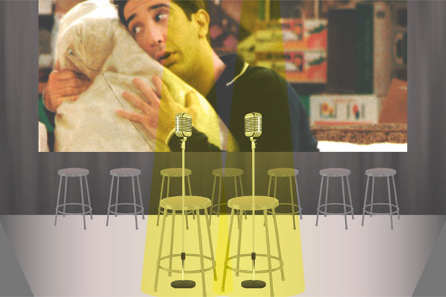 Mic seats highlighted with yellow lights and in the back is a screenshot of the Friends TV series