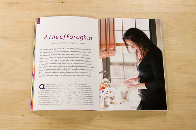 an opened book depicting a woman in the kitchen on the right page and  A life of Foraging article on the left side