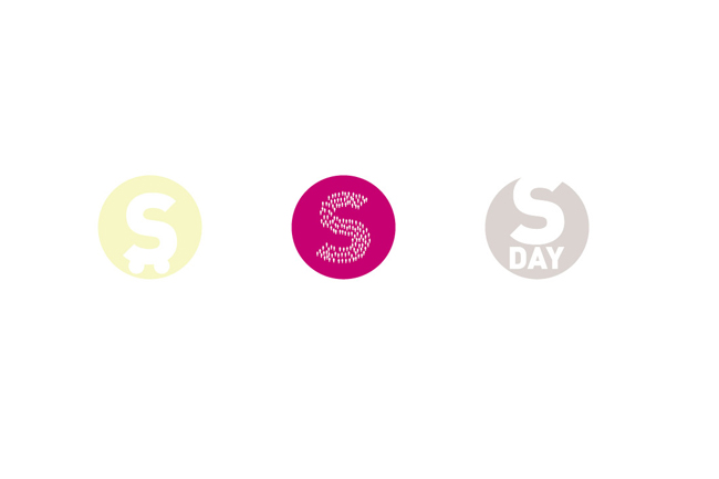 S logo variations, white S in yellow circle, S dotted S shape in pink circle, and S DAY in a grey circle