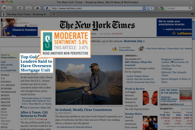 A New York Times web page screenshot with a heading highlighted and has a score attributed by Sentimentalyst