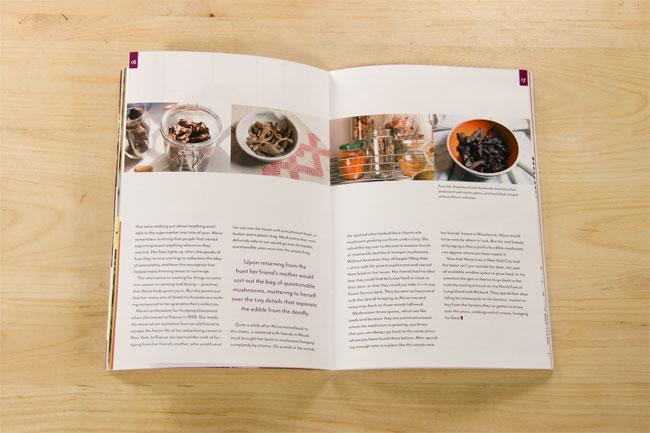 a cooking book open and illustrating ingredients and cooking phases on the top part of the left and right pages, and detailed instructions text below
