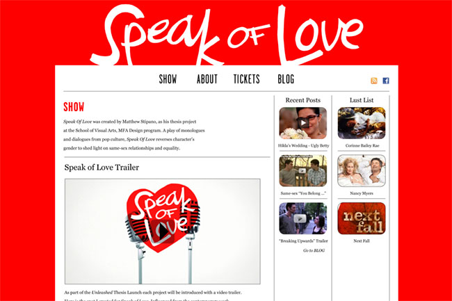 Show page screenshot of the Speak of love website