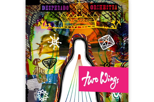 desperado orchestra poster with two wings logo on it, with occult symbols and vividly colorful image collage behind