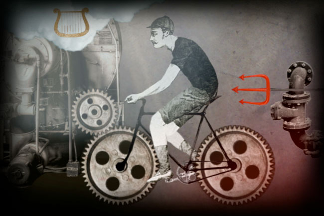 a man riding a bike with cogs as wheels