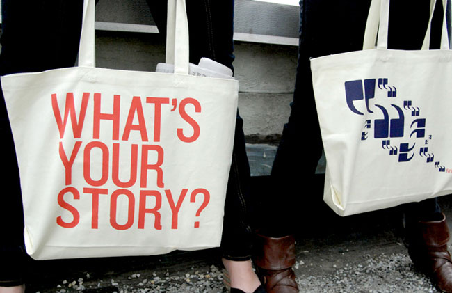 hand bagks with What's your story? phrase