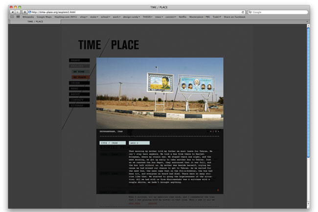 time/place website screenshot with a video highlighted