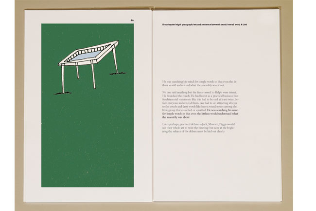 A book opened with an illustration of a white table on a green background, and on the other page is a three-paragraph text