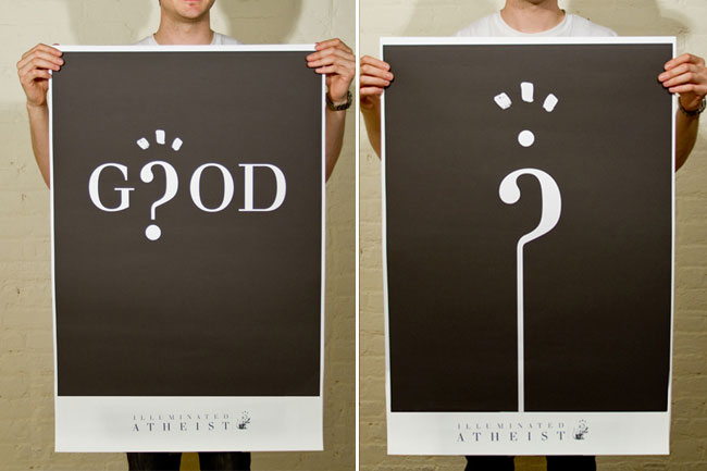 a poster with the "good" word stylized as an O is replaced by a question mark on a black background