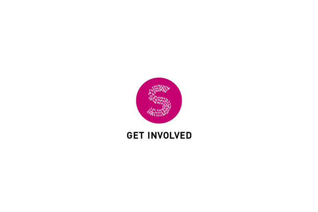 a bolded dotted white s shape in a pink circle with the GET INVOLVED text underneath